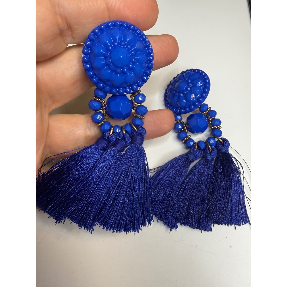 Royal Blue Tassel Statement Earrings Beaded Drop Boho Post Back 4 Inch
